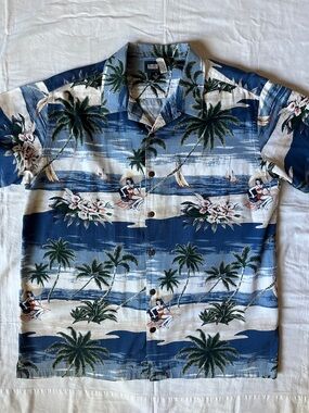 Keeler Bay Blue and White Palm-Print Tropical Button-Down Shirt XL